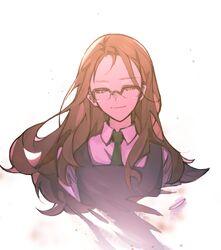  brown_hair chinese_commentary closed_eyes commentary_request dissolving facing_viewer female glasses green_necktie highres hua_yao long_hair nagase_koito necktie school_uniform simple_background solo upper_body white_background wonder_egg_priority 