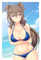  admire_vega_(umamusume) alternate_costume animal_ears arm_under_breasts beach bikini blue_bikini blue_sky blush breasts brown_hair cleavage closed_mouth cloud commentary_request cowboy_shot ears_down female gurukorian hair_between_eyes highres horse_ears horse_girl horse_tail large_breasts long_hair looking_at_viewer navel ocean outdoors purple_eyes sand sky solo swimsuit tail thigh_gap umamusume water 