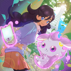  bad_id bad_pixiv_id blue_eyes blue_sweater breasts brown_skirt closed_mouth collared_shirt commentary dark-skinned_female dark_skin emma_(pokemon) espurr eyelashes falling_leaves female floating_hair from_below glowing hair_between_eyes highres holo_caster leaf lens_flare long_hair lumiose_city medium_breasts pantyhose pokemon pokemon_(creature) pokemon_xy shirt skirt smile sweater telekinesis tom_(pixiv10026189) tower white_shirt 