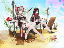  2girls absurdres antennae arknights arm_rest balancing_on_finger barefoot beach_chair bikini black_bikini black_footwear black_gloves black_hair black_horns breaking breasts bridal_gauntlets cleavage cleavage_cutout closed_mouth clothing_cutout clothing_request coconut commentary_request controller day demon_horns demon_tail detonator explosive feet food fork fruit full_body gloves grey_hair hair_between_eyes hammock highres holding holding_food holding_fork holding_remote_control horns hot_dog ines_(arknights) knee_pads knife large_breasts legs lifebuoy light_frown long_hair looking_at_viewer menu milktea_wegan multiple_girls navel parted_bangs pinky_out plant potted_plant red_horns remote_control sand sandals see-through see-through_shorts shaded_face shell_casing short_hair shorts sign signature signpost single_knee_pad sitting smile stomach swim_ring swimsuit symbol-shaped_pupils table tail thigh_strap toeless_footwear toenails toes twitter_username very_long_hair w_(arknights) watermelon watermelon_slice winch wire wooden_box yellow_eyes 