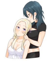  2girls blonde_hair blue_eyes blue_hair breast_press breasts byleth_(female)_(fire_emblem) byleth_(fire_emblem) cleavage cleavage_cutout closed_mouth clothing_cutout collarbone commentary_request crop_top dress edelgard_von_hresvelg fire_emblem fire_emblem:_three_houses fukuroumori hair_over_shoulder hair_ribbon highres long_hair looking_at_another looking_down medium_breasts midriff multiple_girls purple_ribbon ribbon short_sleeves simple_background sleeveless sleeveless_dress small_breasts smile spaghetti_strap white_background white_dress yuri 