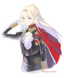  ascot braid cape commentary_request edelgard_von_hresvelg female fire_emblem fire_emblem:_three_houses floating_hair fukuroumori garreg_mach_monastery_uniform gloves hair_ribbon hand_in_own_hair highres long_hair long_sleeves purple_eyes purple_ribbon red_cape ribbon simple_background solo twitter_username very_long_hair white_ascot white_background white_gloves white_hair 