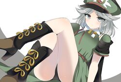  black_panties boots breasts closed_mouth collared_shirt commentary_request crossed_legs dress expressionless female from_below fujiwara_no_shirogane_no_sanra genderswap_(otf) green_dress green_hat grey_eyes grey_hair hat high_heel_boots high_heels highres large_breasts legs len&#039;en medium_breasts military military_hat military_uniform ougi_hina panties pantyshot rule_63 shirt short_sleeves sitting solo thighs underwear uniform white_shirt 