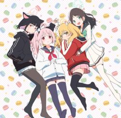  4girls absurdres after-school_sweets_club_(blue_archive) ahoge airi_(blue_archive) animal_ears black_choker black_hair black_hoodie blonde_hair blue_archive blush bow bowtie brown_eyes cardigan cat_ears choker colored_inner_hair food food-themed_background food-themed_hair_ornament full_body green_bow green_bowtie hair_ornament hair_ribbon hairclip halo hand_in_pocket hands_on_own_stomach heart-shaped_mouth highres hood hood_down hooded_jacket hoodie hug hug_from_behind ice_cream_hair_ornament jacket kazusa_(blue_archive) long_hair luke_(dydansgur) macaron macaron_background miniskirt mint_chocolate multicolored_hair multiple_girls natsu_(blue_archive) neckerchief no_shoes open_mouth pantyhose pink_eyes pink_hair pink_neckerchief pink_skirt pleated_skirt polka_dot polka_dot_background red_eyes red_jacket red_neckerchief ribbon school_uniform serafuku shirt short_hair side_ponytail skirt sleeves_past_wrists star_(symbol) sweatdrop thighhighs track_jacket twintails two-tone_hair white_cardigan white_serafuku white_shirt white_skirt white_thighhighs yoshimi_(blue_archive) zettai_ryouiki 