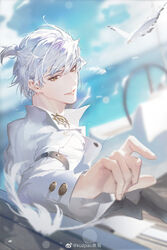  1boy blurry buttons depth_of_field formal highres kuzpao light_and_night_love long_sleeves male_focus outdoors qi_sili shirt short_hair smile solo suit upper_body white_hair 