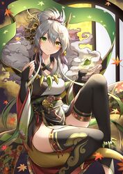  bad_id bad_pixiv_id black_thighhighs breasts bridal_gauntlets closed_mouth dragon_girl dragon_tail facial_mark female floating green_eyes green_theme grey_hair hair_between_eyes hair_ornament hands_up heterochromia highres horns japanese_clothes kaede_(p&amp;d) kanaria_hisagi knee_up leaf legs levitation looking_at_viewer medium_breasts pointy_ears puzzle_&amp;_dragons red_ribbon ribbon short_hair sitting smile solo tail thighhighs whisker_markings wide_sleeves yellow_eyes yellow_tail 