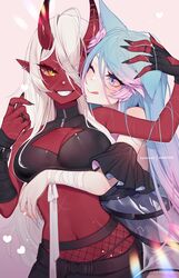  2girls ;q akumi_(yoclesh) animal_ears black_nails blue_eyes blue_hair blue_nails breasts cleavage clenched_teeth colored_skin commentary ear_piercing english_commentary fangs fingernails hair_between_eyes highres horns hug hug_from_behind long_hair medium_breasts multiple_girls nail_polish nanoless navel one_eye_closed oni_horns patreon_username piercing pointy_ears red_horns red_skin scar scar_on_face scar_on_stomach silvervale silvervale_(5th_costume) smile teeth tongue tongue_out virtual_youtuber vshojo vyugen white_hair 