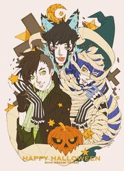  androgynous animal_ears armor bandages black_hair blue_eyes blue_hair blush bodysuit brown_hair crossover demi-fiend eyelashes facial_mark full-body_tattoo green_eyes halloween highres hug long_hair long_sleeves looking_at_viewer male_focus multiple_boys nanashi_(megami_tensei) o_mitomi protagonist_(smtv) purple_hair shin_megami_tensei shin_megami_tensei_iii:_nocturne shin_megami_tensei_iv_final shin_megami_tensei_v short_hair simple_background smile tattoo very_long_hair weapon wolf_ears yellow_eyes 