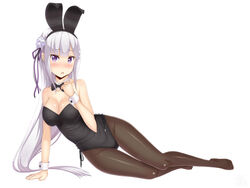  absurdres animal_ears black_bow black_bowtie black_leotard black_pantyhose blunt_bangs bow bowtie braid breasts cleavage detached_collar emilia_(re:zero) fake_animal_ears female fishnet_pantyhose fishnets flower french_braid full_body grey_hair hair_flower hair_ornament hair_ribbon highres leotard light_purple_hair long_hair low-tied_long_hair medium_breasts pantyhose playboy_bunny purple_eyes purple_ribbon rabbit_ears re:zero_kara_hajimeru_isekai_seikatsu ribbon rose sainohikari simple_background solo strapless strapless_leotard white_background white_flower white_hair white_rose wrist_cuffs x_hair_ornament 