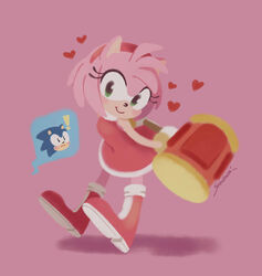  2019 accessory amy_rose anthro blue_body blue_fur blush boots clothing dress duo eulipotyphlan exclamation_point female footwear fur gloves green_eyes hair_accessory hairband hammer handwear heart_symbol hedgehog holding_object holding_weapon male mammal piko_piko_hammer pink_background pink_body pink_fur red_clothing red_dress sega simple_background smallpanda smile solo_focus sonic_the_hedgehog sonic_the_hedgehog_(series) tools weapon 