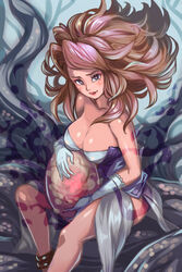  bare_shoulders breasts brown_hair cleavage curly_hair dress egg female gloves jewelry kuwango large_breasts lipstick long_hair looking_at_viewer makeup misty_(saga_frontier) saga saga_frontier_2 skirt smile solo 