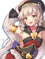  absurdres backless_outfit beret braid detached_sleeves female granblue_fantasy grey_hair hand_on_headwear hat heterochromia highres long_hair multiple_braids mushpz pholia solo wide_sleeves 