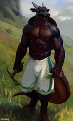  2022 adobe_photoshop_(artwork) anthro black_body black_scales bottomwear brown_body brown_scales bulge chunie claws clothing detailed_background digital_media_(artwork) digital_painting_(artwork) dragon european_mythology hi_res holding_object horn looking_aside looking_away male manly muscular muscular_anthro muscular_male mythological_creature mythological_scalie mythology nipples outside pants pecs scales scalie shirtless solo tail western_dragon 