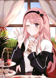  1boy black_jacket blurry bow bubble_tea bush chair cloud cup curtains day depth_of_field dessert disposable_cup fern fingernails food hairband hairbow hand_up highres holding holding_cup holostars indoors jacket long_hair looking_at_viewer male_focus nail_polish off_shoulder one_eye_closed otoko_no_ko pink_hair pink_nails purple_eyes sitting solo sweater table tana_(tanabio) teapot tiered_tray tsukishita_kaoru turtleneck turtleneck_sweater very_long_hair virtual_youtuber waving white_sweater window 