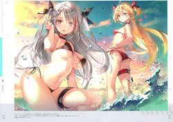  2girls absurdres admiral_hipper_(azur_lane) ahoge anchor ass azur_lane bikini black_bikini black_choker blonde_hair blush breasts brown_eyes choker cloud dsmile flag_print floating_hair german_flag_bikini green_eyes grey_hair hair_between_eyes hands_on_own_hips headgear highres large_breasts long_hair looking_at_viewer mole mole_on_breast mole_under_eye multicolored_hair multiple_girls navel non-web_source official_alternate_costume open_mouth outdoors prinz_eugen_(azur_lane) prinz_eugen_(unfading_smile)_(azur_lane) red_bikini ribbon scan side-tie_bikini_bottom sideboob sitting skindentation stomach streaked_hair sunset swimsuit thigh_strap two_side_up underboob very_long_hair wet wind yokozuwari 