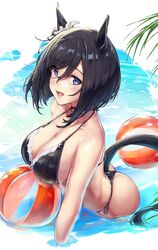  :d animal_ears ass ball bare_arms bare_shoulders beachball bikini black_bikini black_hair blue_eyes blush bob_cut breasts choker cleavage cloud collarbone commentary_request day eishin_flash_(umamusume) female highres horizon horse_ears horse_girl horse_tail large_breasts leaning_forward lens_flare looking_at_viewer no_tail open_mouth osterei outdoors partially_submerged red_choker short_hair smile solo string_bikini sunlight swept_bangs swimsuit tail thong_bikini umamusume water 