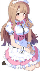  alternate_costume blunt_bangs blush bow bowtie breasts brown_hair dress ebifu enmaided female highres idolmaster idolmaster_million_live! kneeling long_hair looking_at_viewer maid medium_breasts miyao_miya petticoat pinafore_dress puffy_short_sleeves puffy_sleeves short_sleeves simple_background sleeveless sleeveless_dress smile solo thick_eyebrows two-tone_dress white_background wrist_cuffs 