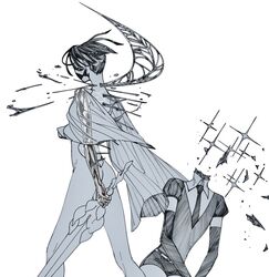  2others androgynous ass asymmetrical_sleeves backless_outfit bodysuit cracked_skin decapitation elbow_gloves euclase_(houseki_no_kuni) feet_out_of_frame floating_hair gem_uniform_(houseki_no_kuni) glint gloves golden_arms headgear headless holding holding_sword holding_weapon houseki_no_kuni leuvenklasse liquid long_sleeves monochrome moon_uniform_(houseki_no_kuni) multiple_others other_focus phosphophyllite phosphophyllite_(ll) puffy_short_sleeves puffy_sleeves see-through see-through_sleeves shards short_hair short_jumpsuit short_sleeves simple_background sleeves_past_fingers sleeves_past_wrists sparkle spikes spoilers standing sword undercut weapon wide_sleeves 