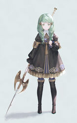  21_(nijuichinichi) boots clenched_hand closed_mouth commentary_request female fire_emblem fire_emblem:_three_houses flayn_(fire_emblem) full_body garreg_mach_monastery_uniform green_eyes green_hair grey_background hair_ornament hairclip halberd highres holding holding_weapon looking_at_viewer polearm solo thigh_boots thighhighs weapon 