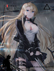  absurdres belt belt_buckle black_belt black_choker black_gloves black_jacket black_skirt blonde_hair blue_eyes breasts buckle character_request choker cleavage cloud cloudy_sky collarbone cowboy_shot devil_heavens earrings female floating_hair gloves gun hair_between_eyes handgun highres holding holding_gun holding_weapon holster jacket jewelry large_breasts long_hair long_sleeves md5_mismatch miniskirt open_clothes open_jacket original outdoors pendant pleated_skirt rain resolution_mismatch shirt skirt sky solo source_larger standing thigh_holster twitter_username very_long_hair weapon wet white_shirt 