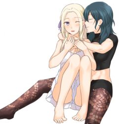  2girls ;d barefoot black_shorts blonde_hair blue_hair blush brown_pantyhose byleth_(female)_(fire_emblem) byleth_(fire_emblem) cleavage_cutout closed_eyes closed_mouth clothing_cutout commentary_request crop_top dark_blue_hair dress edelgard_von_hresvelg fire_emblem fire_emblem:_three_houses fukuroumori hair_between_eyes hair_intakes hair_ribbon highres hug hug_from_behind long_hair midriff multiple_girls navel one_eye_closed open_mouth panties pantyhose pantyhose_under_shorts pantyshot pleated_dress purple_ribbon ribbon short_dress short_shorts short_sleeves shorts simple_background sitting sleeveless sleeveless_dress smile spaghetti_strap stomach sundress underwear white_background white_dress white_panties yuri 