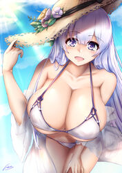  azur_lane bikini bow bow_bikini breasts cleavage covered_nipples female hat huge_breasts ibara_azuki leaning_forward light_purple_hair long_hair looking_at_viewer multiple_straps official_alternate_costume open_mouth purple_eyes rodney_(azur_lane) rodney_(future_seaside_admiral)_(azur_lane) see-through skindentation solo straw_hat sun_hat swimsuit white_bikini 