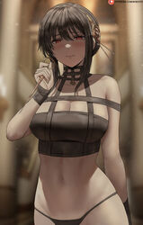  bare_shoulders black_hair black_panties blurry blurry_background blush breasts closed_mouth collarbone commentary crop_top door eyelashes female flower hair_between_eyes hairband half-closed_eyes hand_up holding holding_weapon indoors large_breasts linea_alba looking_at_viewer navel no_pants panties patreon_logo patreon_username red_eyes rose shexyo short_hair_with_long_locks solo spy_x_family underwear weapon web_address yor_briar 