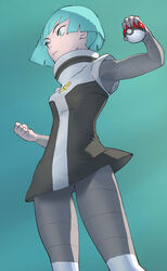  blunt_bangs bodysuit bodysuit_under_clothes breasts clenched_hand closed_mouth commentary_request dress female from_below frown green_background green_eyes green_hair grey_bodysuit high_collar highres holding holding_poke_ball logo looking_to_the_side poke_ball poke_ball_(basic) pokemon pokemon_dppt short_dress short_hair solo team_galactic team_galactic_grunt team_galactic_uniform tombiiwa 