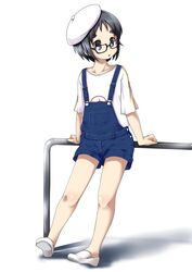  alternate_costume beret black_hair collarbone denim denim_shorts female flats hat highres kantai_collection maru-yu_(kancolle) nassukun open_mouth shadow shirt short_hair shorts simple_background solo suspender_shorts suspenders t-shirt thick_eyebrows white_background white_footwear white_hat white_shirt 