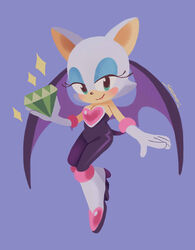  2019 anthro bat bat_wings black_clothing blue_eyeshadow blush boots breasts chaos_emerald cleavage clothed clothing digital_drawing_(artwork) digital_media_(artwork) eyeshadow female footwear fur gem gloves green_eyes handwear holding_gem holding_object makeup mammal membrane_(anatomy) membranous_wings purple_background rouge_the_bat sega simple_background smallpanda smile solo sonic_the_hedgehog_(series) sparkles white_body white_fur wings 