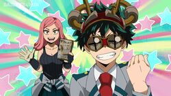  1boy artist_name bare_shoulders blush boku_no_hero_academia breasts collarbone collared_shirt female freckles gloves goggles goggles_on_head green_eyes green_hair grey_jacket grin hand_up hands_up hatsume_mei highres holding jacket krumbs_(dailykrumbs) large_breasts looking_at_viewer medium_hair midoriya_izuku necktie open_mouth pink_hair red_necktie school_uniform shirt short_hair smile starry_background striped symbol-shaped_pupils tank_top u.a._school_uniform waving yellow_eyes 