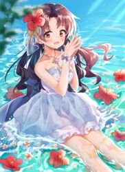  :d bare_shoulders black_hair blurry blurry_foreground blush brown_flower chobi_(penguin_paradise) commentary_request day depth_of_field dress feet_out_of_frame female flower flower_on_liquid frilled_dress frills hands_up highres idolmaster idolmaster_million_live! looking_at_viewer outdoors parted_bangs petals petals_on_liquid red_eyes red_flower shallow_water smile solo steepled_fingers strapless strapless_dress takayama_sayoko water white_dress wrist_cuffs 