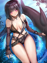  architect_(girls&#039;_frontline) architect_(nvw_model)_(girls&#039;_frontline) asymmetrical_gloves bare_shoulders black_hair blunt_bangs breasts corrupted_file elbow_gloves female fingerless_gloves girls&#039;_frontline gloves highres innertube ksartworks long_hair medium_breasts navel official_alternate_costume partially_fingerless_gloves pink_eyes sangvis_ferri shiny_skin sidelocks solo swim_ring swimsuit very_long_hair 