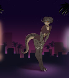  anthro ashe_colter bottomwear brown_body brown_scales choker claws clothing crop_top deathclaw fallout femboy finger_claws hi_res horn hotpants jewelry kadzukai leaning leaning_forward looking_at_viewer male microsoft necklace palm_tree plant pupils purple_background red_eyes reptile scales scalie shirt shorts simple_background slit_pupils solo toe_claws topwear tree 