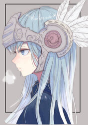  absurdres blue_eyes feathers female grey_hair helmet highres lenneth_valkyrie long_hair looking_to_the_side portrait profile solo_focus tsukiyomi valkyrie valkyrie_profile_(series) winged_helmet 