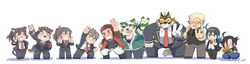  absurd_res akashi_(live_a_hero) anthro black_hair blonde_hair brown_body brown_fur brown_hair canid canine canis cat_operator chibi clothing crowne_(live_a_hero) dog_operator domestic_dog felid female female_operator fur green_body green_fur group hair hi_res huckle human humanoid igarashi_ta lifewonders live_a_hero male male_operator mammal mask mokdai necktie pantherine protagonist_(live_a_hero) sui_(live_a_hero) suit tiger 