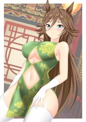  ahoge alternate_costume animal_ears bare_shoulders border breasts brown_hair china_dress chinese_clothes closed_mouth clothing_cutout commentary_request cowboy_shot dress female gloves green_dress green_eyes gurukorian hair_between_eyes highres horse_ears horse_girl large_breasts long_hair looking_at_viewer mr._c.b._(umamusume) navel_cutout pelvic_curtain solo thighhighs umamusume underboob underboob_cutout very_long_hair white_border white_gloves white_thighhighs 