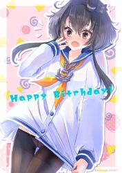  496mm anchor anchor_symbol bad_id bad_pixiv_id black_hair black_pantyhose blue_sailor_collar blush brown_eyes cowboy_shot dress eyebrows_hidden_by_hair female gradient_hair grey_hair hair_between_eyes happy_birthday hat headgear highres kantai_collection long_sleeves lowleg lowleg_pantyhose mini_hat multicolored_hair neckerchief open_mouth panties panties_under_pantyhose pantyhose pink_background sailor_collar sailor_dress seamed_legwear shirt short_hair short_hair_with_long_locks side-seamed_legwear smokestack_hair_ornament solo tied_shirt tokitsukaze_(kancolle) underwear white_background white_panties yellow_neckerchief 