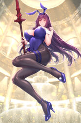  animal_ears bare_shoulders blush breasts bridal_garter cleavage detached_collar fake_animal_ears fate/grand_order fate_(series) female fishnet_pantyhose fishnets full_body gae_bolg_(fate) hair_between_eyes high_heels highleg highleg_leotard large_breasts leotard long_hair looking_at_viewer pantyhose playboy_bunny polearm purple_hair purple_leotard rabbit_ears red_eyes scathach_(fate) scathach_(piercing_bunny)_(fate) solo spear weapon wrist_cuffs zucchini 