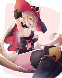  arm_behind_head armpits black_cape black_gloves black_thighhighs blonde_hair boots breasts cape cleavage clothing_cutout female gloves hat highres kanaya604 long_hair looking_at_viewer multicolored_cape multicolored_clothes navel_cutout nijisanji nui_sociere nui_sociere_(1st_costume) oerba_yun_fang open_mouth sideboob simple_background solo thighhighs torn_clothes torn_hat very_long_hair virtual_youtuber witch witch_hat yellow_eyes 