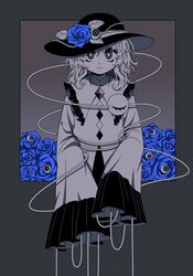  arms_at_sides bad_id bad_twitter_id blouse blue_flower blue_rose buttons closed_mouth diamond_button eyeball eyeball_hat_ornament female flower frilled_shirt_collar frilled_sleeves frills greyscale hair_between_eyes hat hat_flower highres komeiji_koishi leaf long_sleeves looking_at_viewer medium_hair monochrome rose safe3133 shirt sleeves_past_fingers sleeves_past_wrists smile solo spot_color third_eye thorns touhou upper_body wavy_hair wide_sleeves 