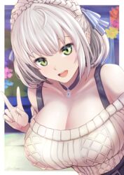  :d aran_sweater braid breasts cable_knit choker cleavage crown_braid female gollizo green_eyes grey_hair highres hololive large_breasts medium_hair off-shoulder_sweater off_shoulder shirogane_noel shirogane_noel_(casual) smile solo sweater upper_body v virtual_youtuber wavy_hair 