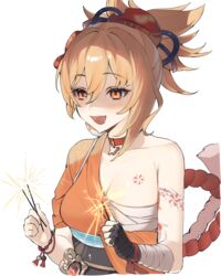  :d bandages black_sash blonde_hair chest_sarashi choker commentary_request ebibi_chiriri female genshin_impact genshin_impact_sticker_redraw_(meme) hair_between_eyes highres japanese_clothes kimono meme obi open_mouth orange_eyes orange_kimono ponytail red_choker sarashi sash short_hair simple_background single_bare_shoulder smile solo upper_body white_background wrist_wrap yoimiya_(genshin_impact) 