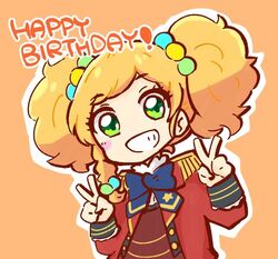  aikatsu!_(series) aikatsu_stars! blonde_hair blue_bow bow brown_vest commentary_request double_v epaulettes female green_eyes grin hands_up happy_birthday jacket looking_at_viewer nikaido_yuzu nozo_(hitomiz) open_clothes open_jacket orange_background outline red_jacket s4_uniform shirt smile solo twintails upper_body v vest white_outline white_shirt 