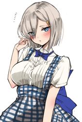  apron blue_apron blue_bow blue_bowtie blue_eyes blue_skirt bow bowtie breasts checkered_apron checkered_clothes chigasaki_yukari eyes_visible_through_hair female gingham_apron grey_hair hair_ornament hair_over_one_eye hairclip hamakaze_(kancolle) high-waist_skirt highres kantai_collection kobeya kobeya_uniform large_breasts neckerchief plaid plaid_apron pleated_shirt short_hair short_sleeves simple_background skirt solo uniform waitress white_background yellow_neckerchief 