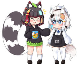  2girls :d ^_^ animal_ear_fluff animal_ears bailingxiao_jiu black-framed_eyewear black_bow black_dress black_footwear black_hair black_hoodie blue_eyes blue_hair blush bow braid candy chinese_commentary closed_eyes collared_shirt commentary drawstring dress dress_shirt drooling food fox_ears fox_girl fox_hair_ornament fox_tail glasses grey_hair hair_between_eyes hairbow heart heart-shaped_pupils highres holding holding_candy holding_food holding_lollipop hood hood_down hoodie leaf leaf_on_head loafers lollipop long_sleeves multiple_girls notice_lines oerba_yun_fang open_mouth original parted_lips pince-nez puffy_long_sleeves puffy_sleeves raccoon_ears raccoon_girl raccoon_tail red-framed_eyewear red_hair saliva shirt shoes side_braid simple_background single_braid sleeveless sleeveless_dress sleeves_past_wrists smile socks standing symbol-shaped_pupils tail thighhighs white_background white_legwear white_shirt 