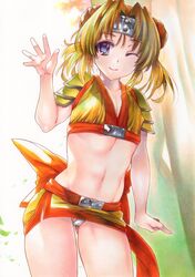  ;) absurdres ass_visible_through_thighs blonde_hair breasts cleavage closed_mouth collarbone cowboy_shot double_bun female fundoshi hair_bun hair_intakes headband hide_yoshino highres japanese_clothes medium_hair microskirt midriff navel one_eye_closed purple_eyes rozarin sengoku_otome side_slit skirt small_breasts smile solo thighs traditional_media yellow_skirt 