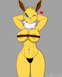  absurd_res anthro anthrofied areola areola_slip ass belt belt_bra belted_breasts big_breasts big_butt blue_eyes breasts clothing eeveelution female generation_1_pokemon hands_behind_head heart_symbol hi_res jolteon lmk-750 nintendo one_eye_closed pokemon pokemon_(species) pokemorph smile solo standing thong underwear wide_hips wink 