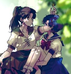  2girls bishoujo_senshi_sailor_moon blue_eyes blue_hair blue_sailor_collar blue_skirt bow brown_hair brown_sailor_collar brown_skirt bug butterfly butterfly_on_hand commentary_request hair_bobbles hair_ornament hand_up hugging_own_legs itsunko_(itsunky) juuban_middle_school_uniform kino_makoto kino_makoto&#039;s_school_uniform knees_up long_hair long_skirt looking_at_another mizuno_ami multiple_girls parted_bangs pleated_skirt ponytail puffy_short_sleeves puffy_sleeves red_bow sailor_collar school_uniform serafuku shirt short_hair short_sleeves sitting skirt socks white_shirt white_socks 