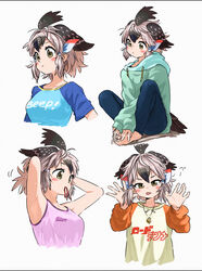  absurdres appleq blush breasts collarbone commentary_request female greater_roadrunner_(kemono_friends) green_eyes hair_ornament highres hood hoodie kemono_friends kemono_friends_2 medium_breasts shirt short_hair t-shirt tank_top tareme tongue tongue_out twintails tying_hair upper_body white_background 